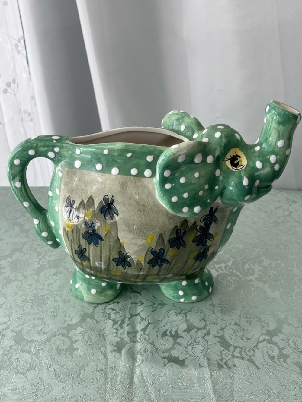Elephant Pitcher with Green & White Polkadots & Violet Flowers. - Picture 2 of 6